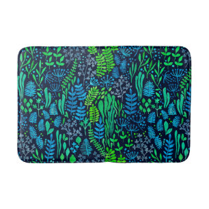 Watercolor floral doodles dark background bath mat