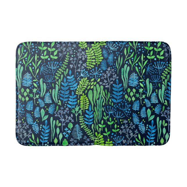 Watercolor floral doodles dark background bath mat (Front)