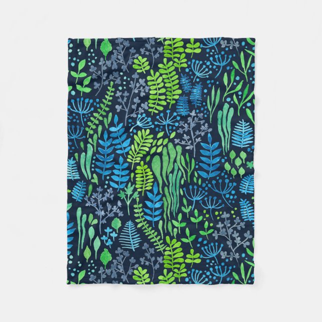 Watercolor floral doodles dark background fleece blanket (Front)