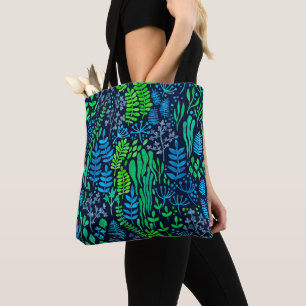 Watercolor floral doodles dark background tote bag