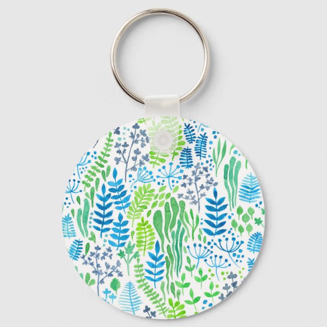 Watercolor floral doodles white key ring (Front)