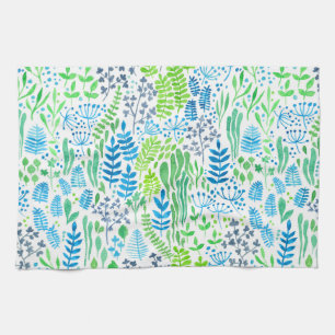 Watercolor floral doodles white tea towel