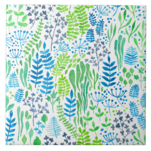 Watercolor floral doodles white tile