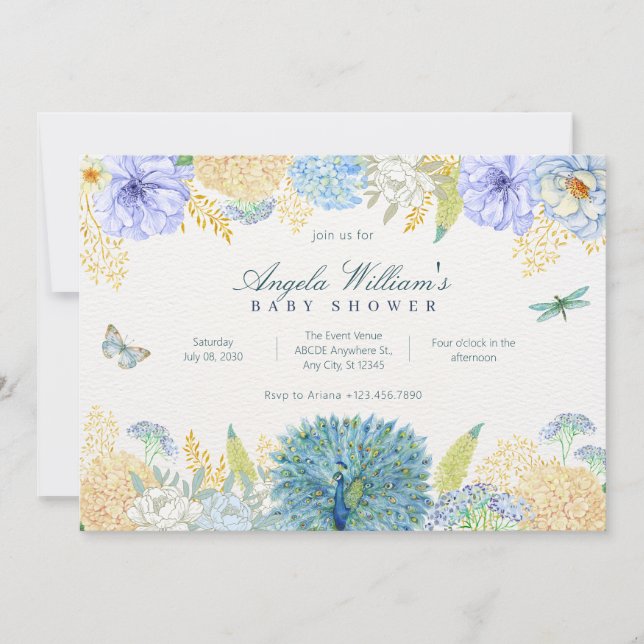Watercolor floral dragonfly butterfly baby shower invitation (Front)