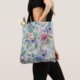 Watercolor Floral Dragonfly Pattern Tote Bag