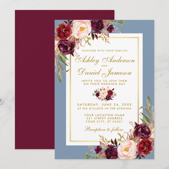 Watercolor Floral Dusty Blue Burgundy Gold Wedding Invitation (Front/Back)