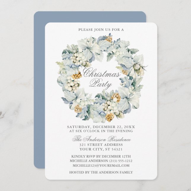 Watercolor Floral Dusty Blue Christmas Party Invitation (Front/Back)