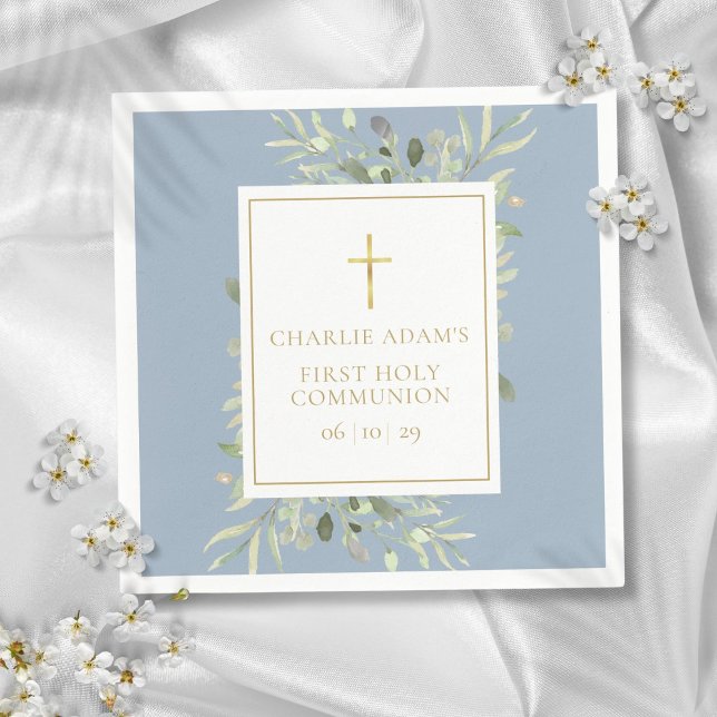 Watercolor Floral Dusty Blue First Holy Communion Napkin (Watercolor Floral Dusty Blue First Holy Communion Napkins)