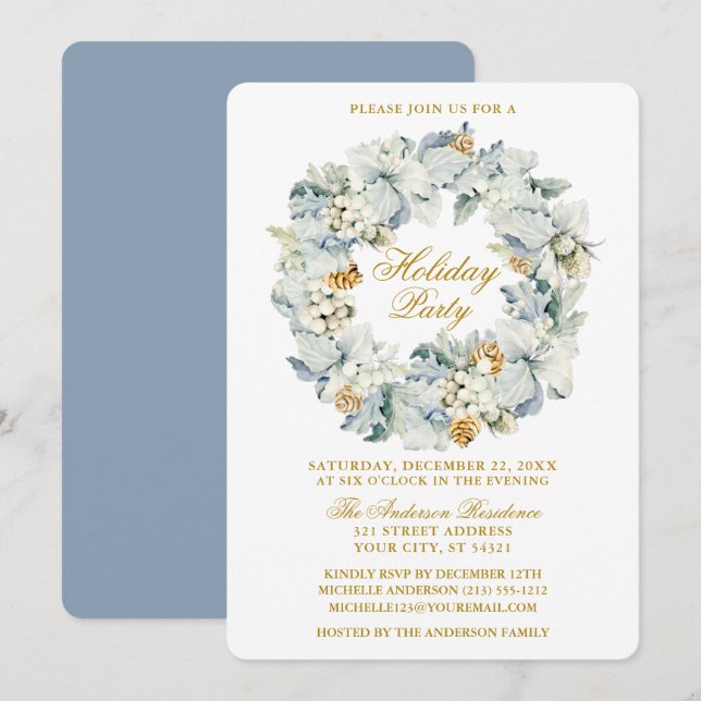 Watercolor Floral Dusty Blue Gold Holiday Party Invitation (Front/Back)