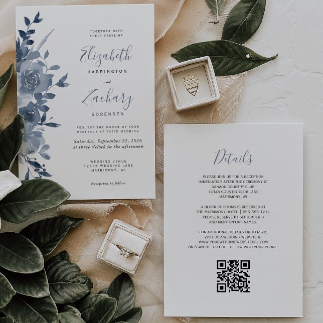 Watercolor Floral Dusty Blue QR Code Wedding Invitation (Creator Uploaded)