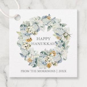 Watercolor Floral Dusty Blue Silver Hanukkah Gift Favour Tags