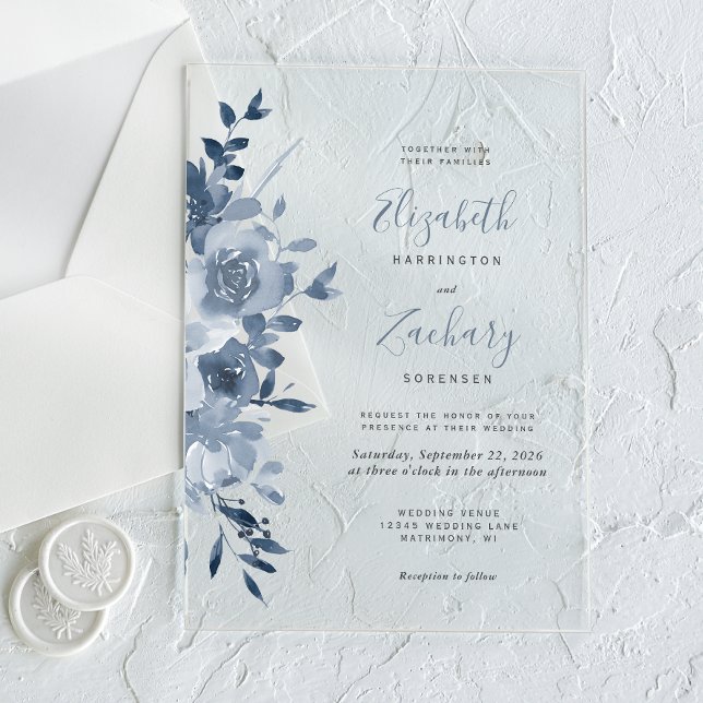 Watercolor Floral Dusty Blue Wedding Acrylic Invitations (Creator Uploaded)