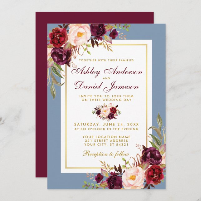 Watercolor Floral Dusty Blue Wedding Burgundy Invitation (Front/Back)
