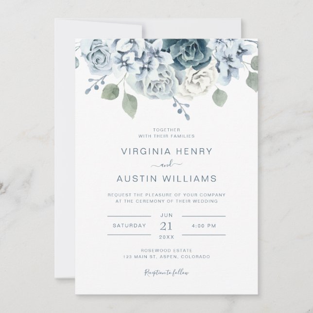 Watercolor Floral Dusty Blue Wedding Invitation (Front)