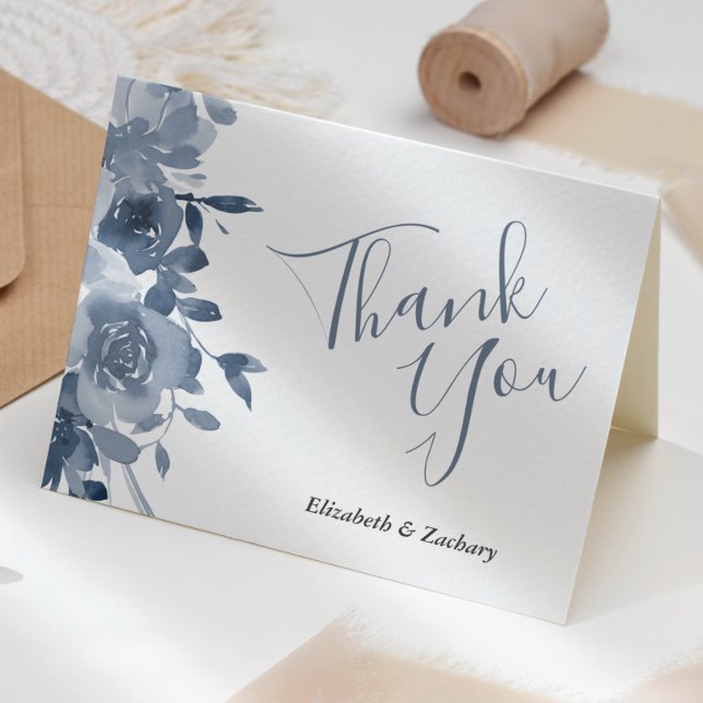 Watercolor Floral Dusty Blue Wedding Thank You Card (Creator Uploaded)