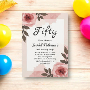 Watercolor Floral Dusty Blush Pink 50th Birthday Invitation