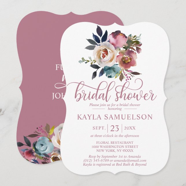 Watercolor Floral Dusty Mauve Rose Bridal Shower Invitation (Front/Back)