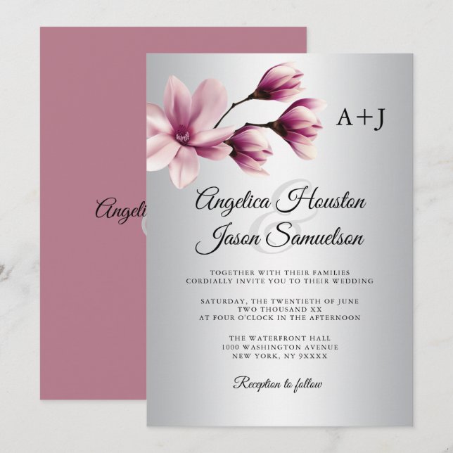 Watercolor Floral Dusty Mauve Taupe Grey Wedding Invitation (Front/Back)