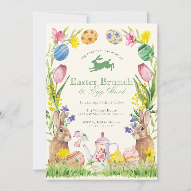Watercolor Floral Easter Brunch Egg Bunny Teapot Invitation (Front)
