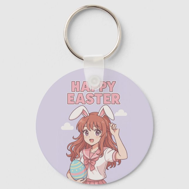  Watercolor Floral Easter Bunny Key Ring (Front)