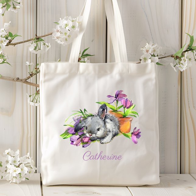Watercolor Floral Easter Bunny Rabbit Personalised Tote Bag (Creator Uploaded)