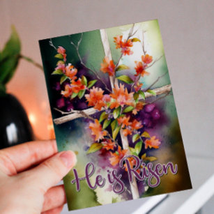 Watercolor Floral Easter Cross He is Risen Holiday Card