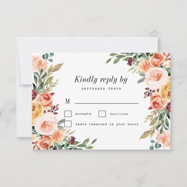 Watercolor Floral Elegant Blush Burgundy Wedding RSVP Card (Front)