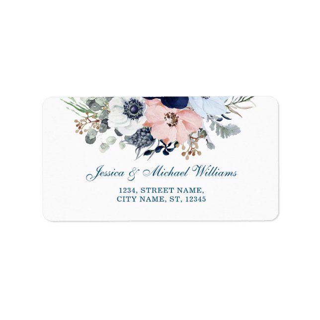 Watercolor Floral Elegant Bouquet Blue Anemone Label (Front)