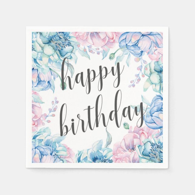 Watercolor Floral Elegant Farmhouse Happy Birthday Napkin (Front)