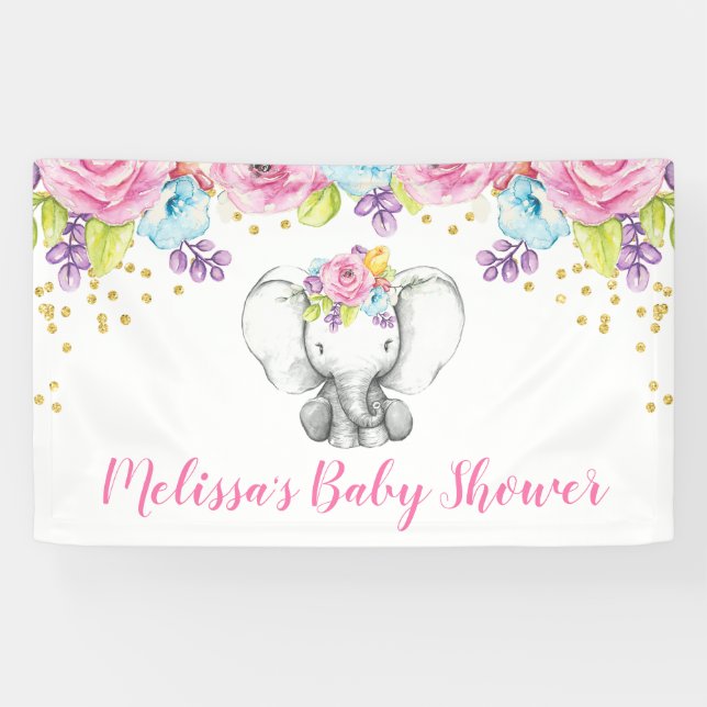 Watercolor Floral Elephant Baby Shower Banner (Horizontal)