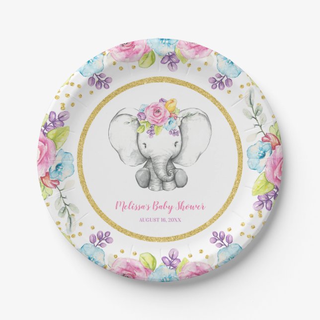 Watercolor Floral Elephant Baby Shower Paper Plate (Front)