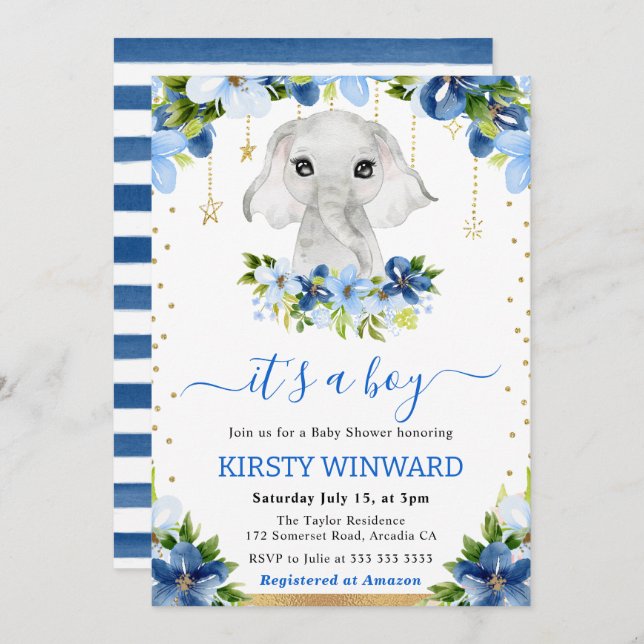 Watercolor Floral Elephant Boy Baby Shower Invitation (Front/Back)