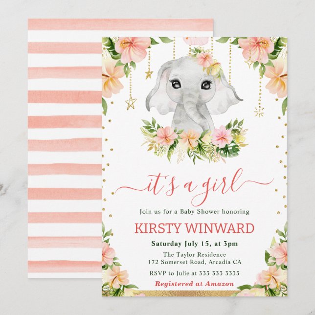 Watercolor Floral Elephant Girl Baby Shower Invitation (Front/Back)