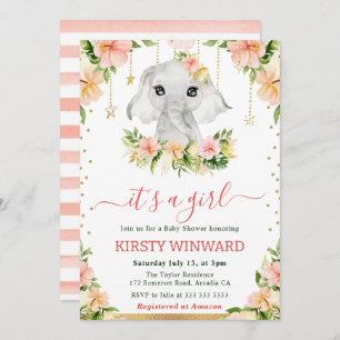 Watercolor Floral Elephant Girl Baby Shower Invitation