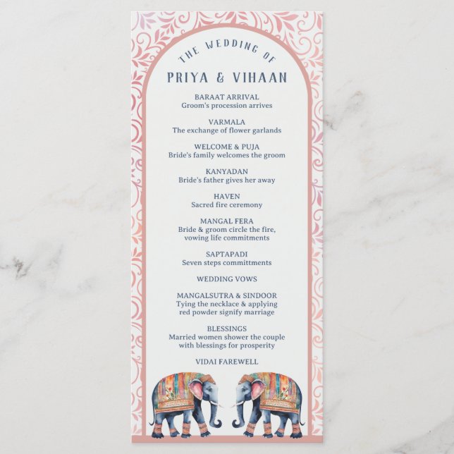 Watercolor Floral Elephant Indian & Hindu Wedding Programme (Front)