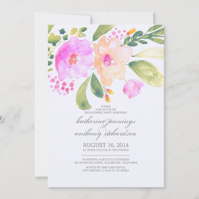 watercolor floral engagement party invites (Front)