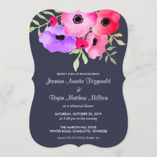 Watercolor Floral Engagement Party Navy Blue Invitation