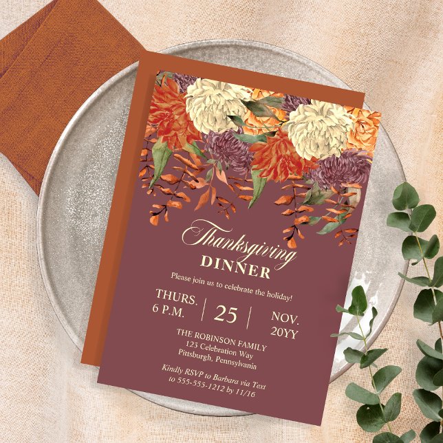Watercolor Floral | Eucalyptus Thanksgiving Dinner Invitation (Watercolor Floral Eucalyptus Dusky Mauve Thanksgiving Dinner Invitation with Terracotta Back)