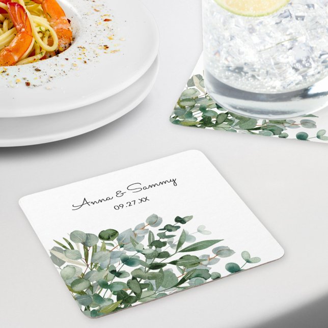 Watercolor Floral Eucalyptus Wedding  Square Paper Coaster (In situ)