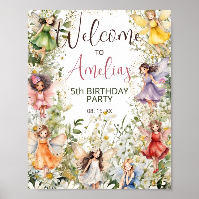 Watercolor Floral Fairies Glitter Party Welcome Poster (Front)