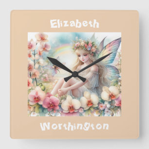 Watercolor floral fairy princess typography pink square wall clock