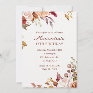 Watercolor Floral Fall 13th birthday Invitation