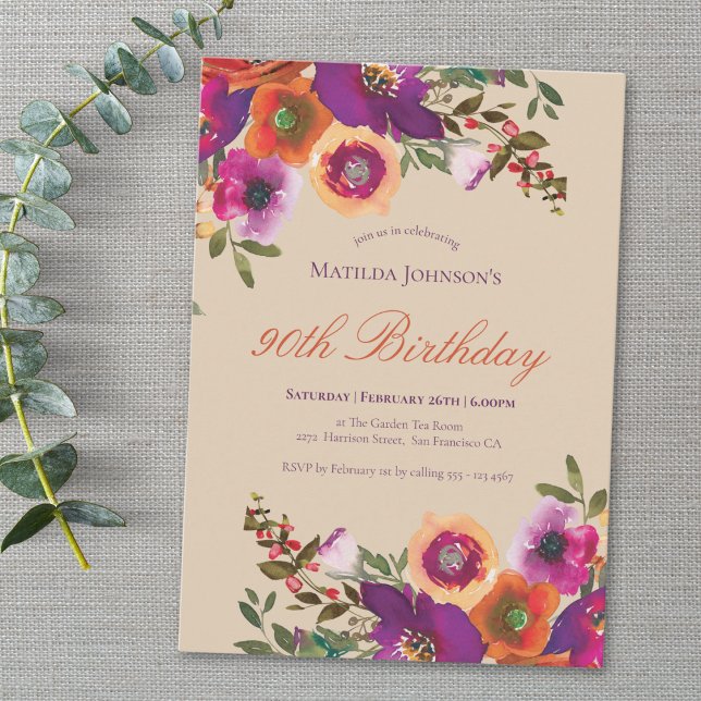 Watercolor Floral Fall 90th Birthday Invitation (Watercolor Floral Fall 90th Birthday Invitation)