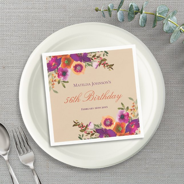 Watercolor Floral Fall Birthday Party Napkin (Watercolor Floral Fall Birthday Party Napkins)