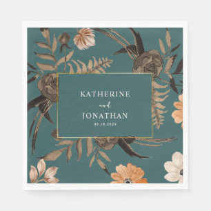 Watercolor floral fall foliage leaves Teal Wedding Napkin