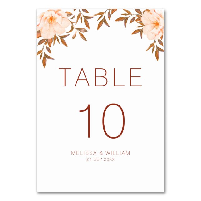 Watercolor Floral Fall Ivory Wedding Table Number (Front)