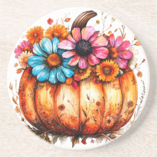 Watercolor Floral Fall Pumpkin Coaster