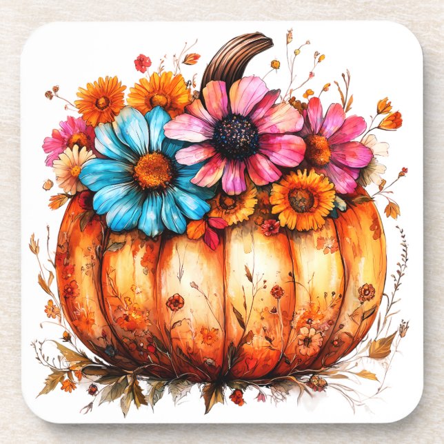 Watercolor Floral Fall Pumpkin Coaster (Front)