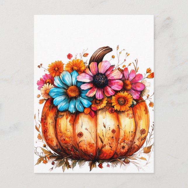 Watercolor Floral Fall Pumpkin Postcard (Front)