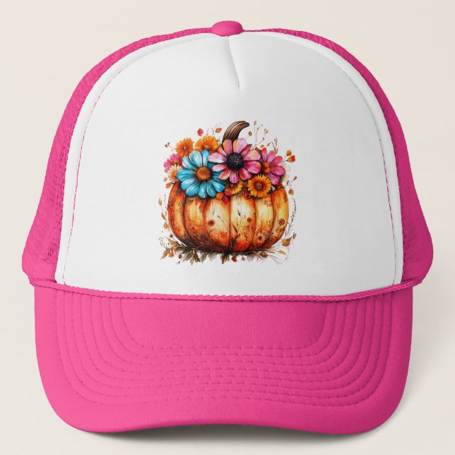 Watercolor Floral Fall Pumpkin Trucker Hat (Front)